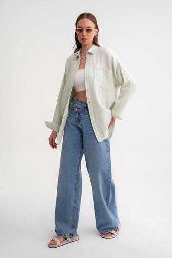 Mixray Women's Oversize Pocket Wet Shirt and Sage