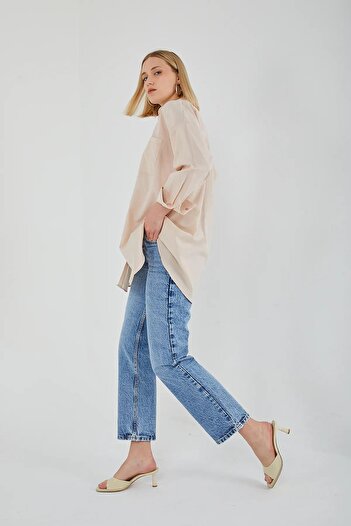 Mixray 4053 Women's Single Pocket Oversize Basic Shirt Stone