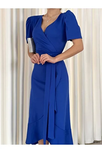 rengafashion Rochie de damă din țesătură creponată albastră, lungime midi, cu curea