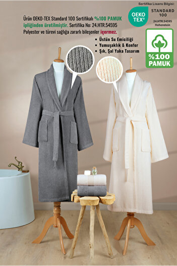Ellaline 4 Piece Striped Bathrobe Set 100% Cotton Certified Family Towel Bathrobe Set Dowry Set Gray Cream