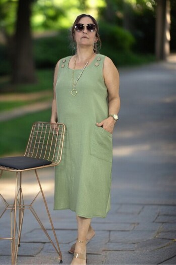 yagmurberen Button Detail Jopone Sleeve (Sleeveless) Pocketed Muslin Fabric Large Size Summer Dress