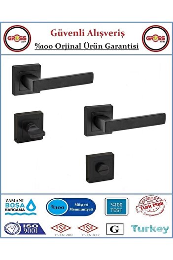 GrossAVM Kare Rozetli Wc Banyo Kapı Kolu - Mat Siyah - 1 Takım Ön ve Arka