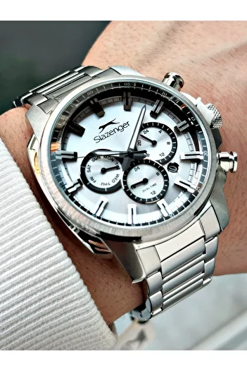 Slazenger Silver Color 10 Atm Waterproofness Steel Cord Steel Case Men Wristwatch 2479.03Mr