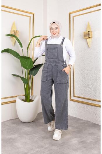 HARMAN BUTİK Women's Pocket Detailed Strap Gray Denim Jumpsuit
