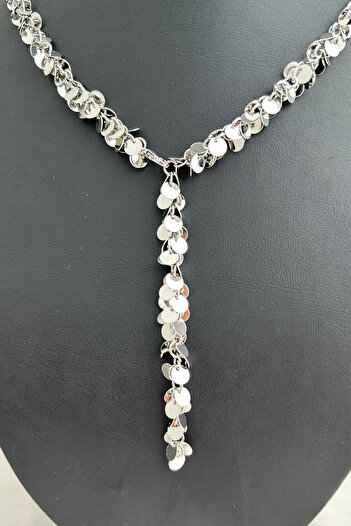 Modex Silver Color Sequin Detailed Sparkling Adjustable Y Necklace (60cm)