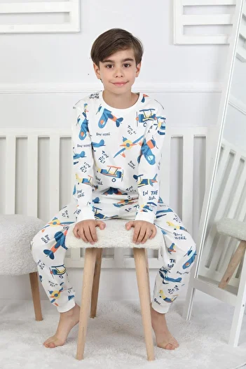 bunny hopp Set pijamale pentru băiat cu mânecă lungă din bumbac 100% imprimat cu avion (3,4,5,6,7,8 ANI)