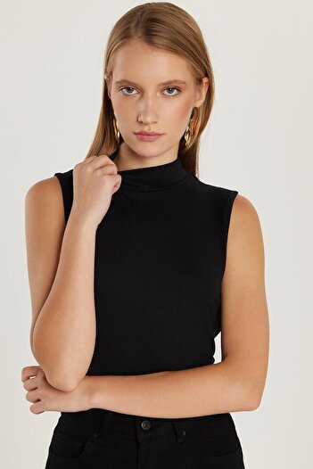 Tudors Women's Standard Fit Regular Cut Zero Sleeve Half Turtleneck Black Blouse