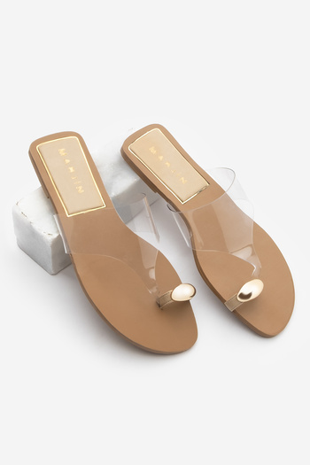 Marjin Women's Transparent Strap Flip Flops Gold Buckle Daily Slippers Milda Beige