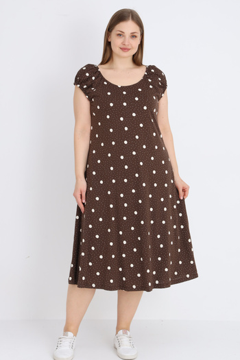 İntensive Brown Polka Dot Strap Cotton Pocket Women's Plus Size Dress