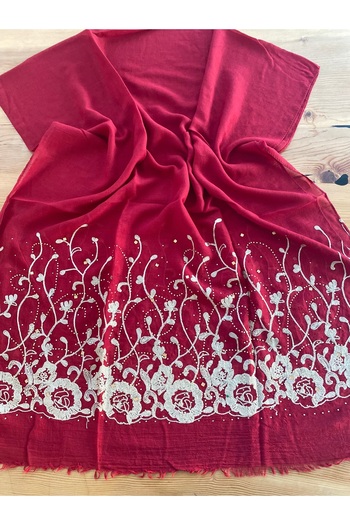 Bohemian Red Embroidered and Stoned Organic Cotton Imported Shawl 1606082