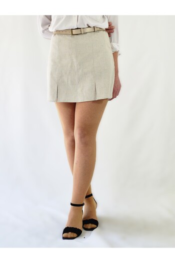 YAXİ Cream Checked Woven Short Skirt with Double Slit Belt and Back Skirt Look