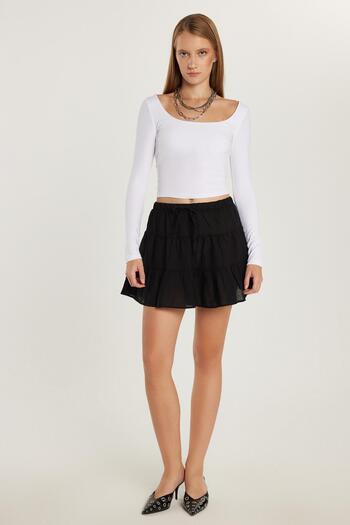 Tudors Women's Relax Fit Tie Detailed Black Skirt with Elastic Waist