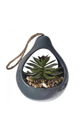 Koopman Planta artificiala Suculenta, Azay Design, in suport ceramic gri, cu agatatoare din sfoara, H 14cm