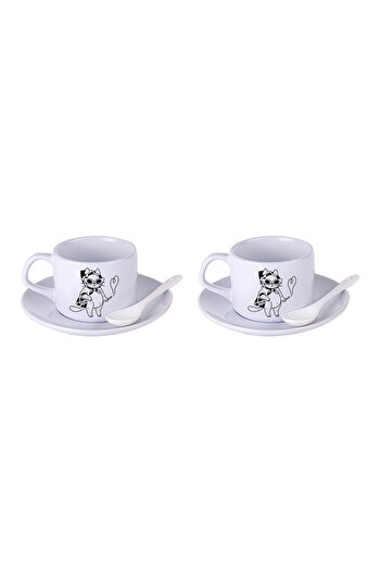 LIWOGY Cat Patterned Tea & Coffee Cup Set with Double Spoon