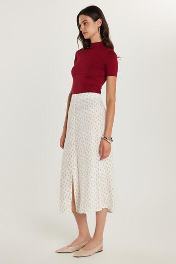 Tudors Women's Standard Fit Buttoned Viscose Elastic Printed Midi Length Skirt