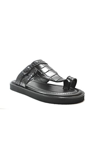 Onlo Ayakkabı Onlo Shoes Genuine Leather Black Toe Flip Flops Men's Slippers
