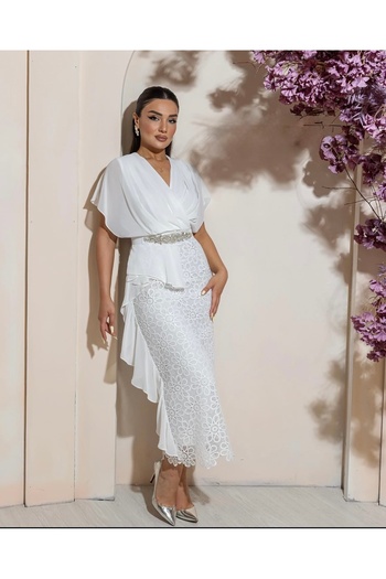1Moda1Tarz Women's Imported Fabric Top Chiffon Bottom Lace Fabric Stone Belt Detailed Lined Special Design Dress