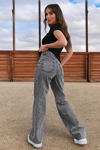 Livik Faith Women's Smoked Extra High Waist Stretchy Denim Fabric Wide Leg Jean