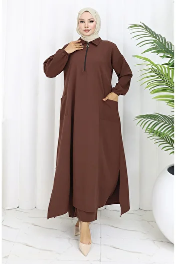 sefamerve Double Fabric Long Tunic Trousers Double Suit 0034-08 Tan