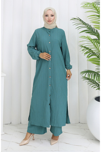 sefamerve Brocade Fabric Tunic Pants Two-Piece Set 2093-02 Petrol