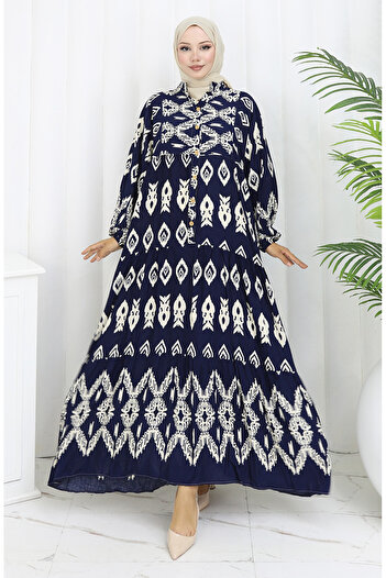 sefamerve Viscose Fabric Half Button Patterned Dress 0107-03 Navy Blue