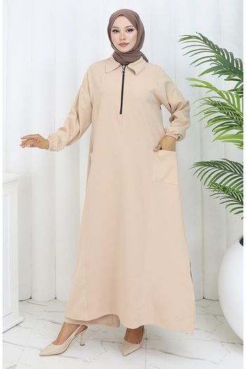 sefamerve Double Fabric Long Tunic Trousers Double Suit 0034-06 Beige