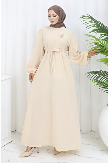 sefamerve Brooch Detailed Dress 0017-05 Beige
