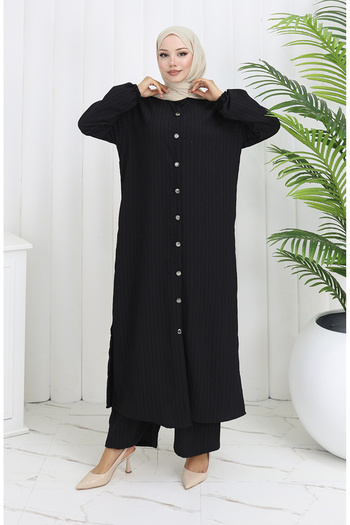 sefamerve Bürümcük Fabric Tunic Trousers Double Set 2093-03 Black