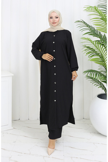 sefamerve Bürümcük Fabric Tunic Trousers Double Set 2093-03 Black