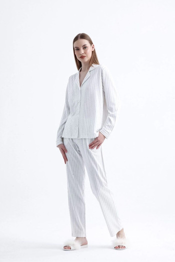 Bi Nokta 775 Women's Striped Combed Cotton Pajamas Set