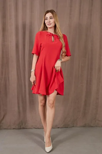 NEW LAVİVA Women's Red Short Sleeve Eteki Flounced Crepe Cup Dress 700-3752