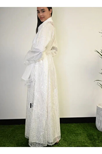 Jameela Silver Glow White Abaya With Sequin Embellishments