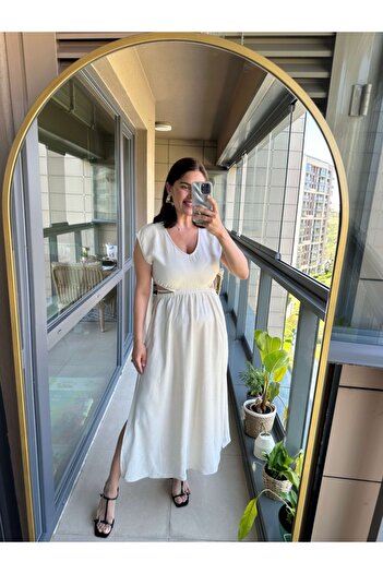 Elif Özbey Butik Stone Side Decollete Linen Dress