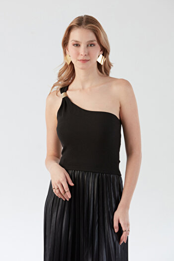 Fulla Moda Ribbed One Shoulder Blouse with Buckle Detail