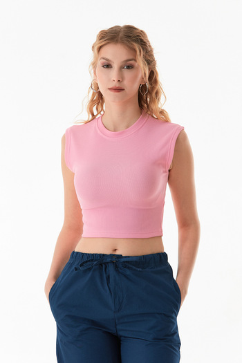 Fulla Moda Corded Crew Neck Crop T-Shirt