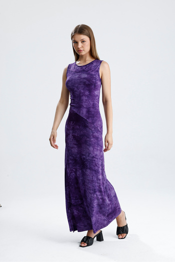 Sense Slit Sleeveless Lycra Viscose Dress |   Elb35734 Purple Tie Dye