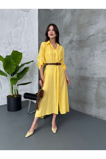 Elif Özbey Butik Yellow Belted Shirt Dress