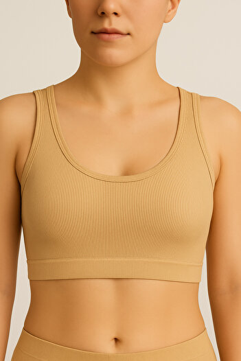 JENİKA Women's Nude Sports Bustier – Padded, Ribbed, Casual Comfort, Suitable for Sports and Daily Use