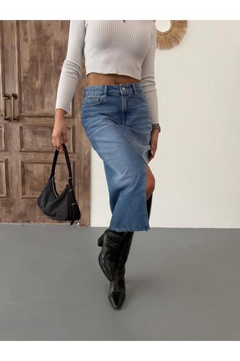 Zeo Basic FUSTA DE DENIM ALBASTRU MID-LUNGĂ DE FEMEI