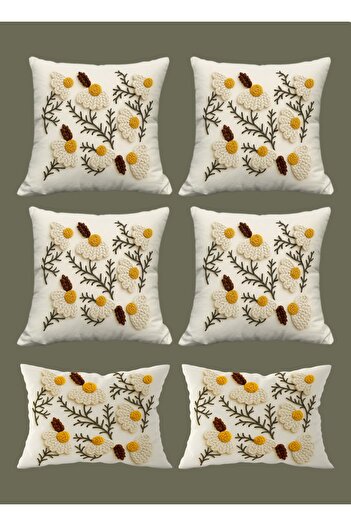 Şah Dekor Bohemian Boho Daisy Themed Cream Color 3D Digital Printed Gift Throw Pillow Pillow Case Set of 6Boho