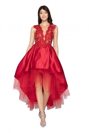 Atmosphere Fashion Asymmetrical red dress with train and lace