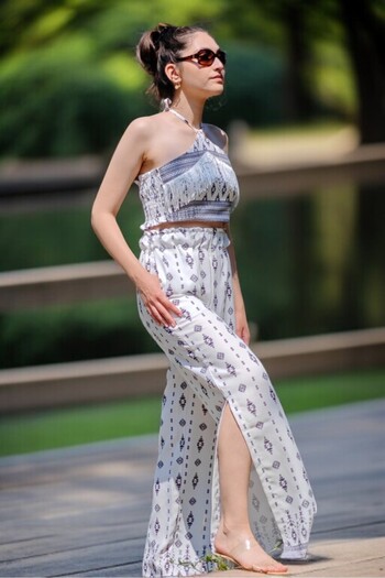 yagmurberen Back Giped Tassel Detail Crop Elastic Waist Slit Pants Cotton Fabric Double Suit