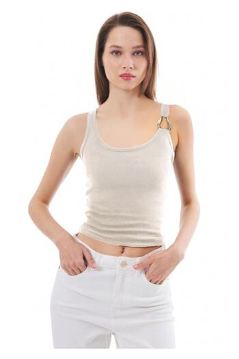 Cottonhill Beige Cotton Thick Strap Ribbed Buckle Detailed Women's Tank Top