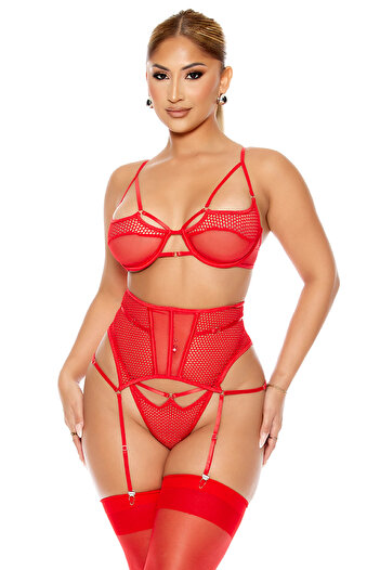 Zeta Group Fancy Mesh Detail Garter Lingerie Set Red - Red - Ilc2.86F10Z-Kti