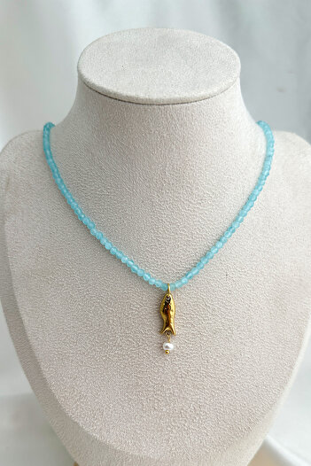 Modex Blue Bead Row Pearl Detail Minimal Fish Necklace (40cm)