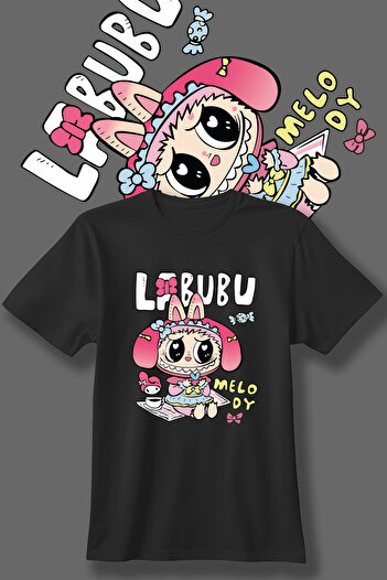 Store Labubu Pattern Printed Children's Black and White Tshirt
