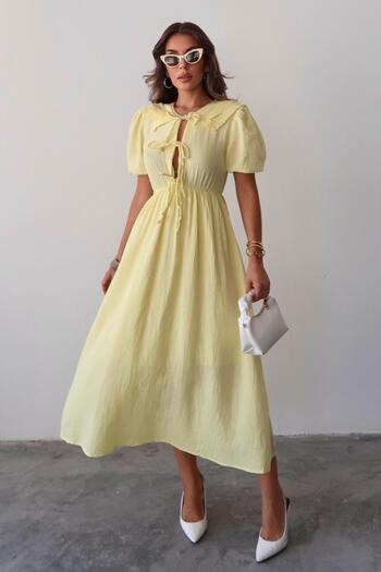 Olcay Lace Detailed Gathered Waist Muslin Dress Yellow 9362-E
