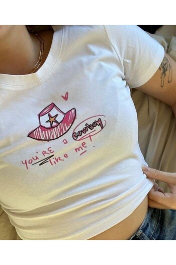MAYDAY CULTURE White Baby Tee Top Waist Boy Crop T-Shirt Lycra Dtf Printed
