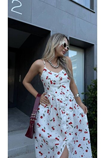 Friday Mood Women's White Cherry Patterned Dress with Slit Detail