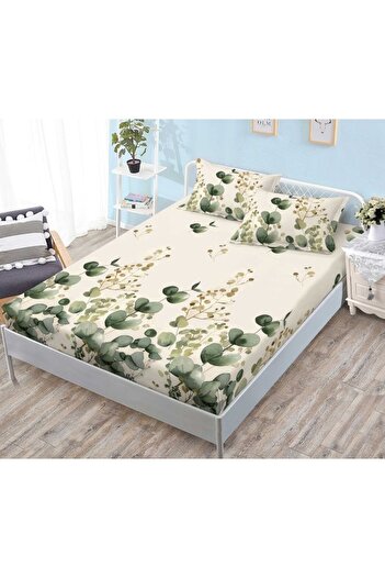 OEM Husa de Pat, cu Elastic, 3 Piese, Finet, 180x200cm, Imprimeu Frunze Eucalipt, Multicolor